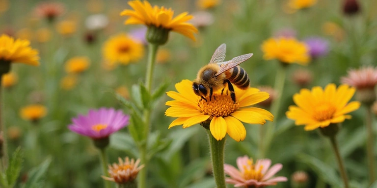 Bees pollinating flowers in a farm field