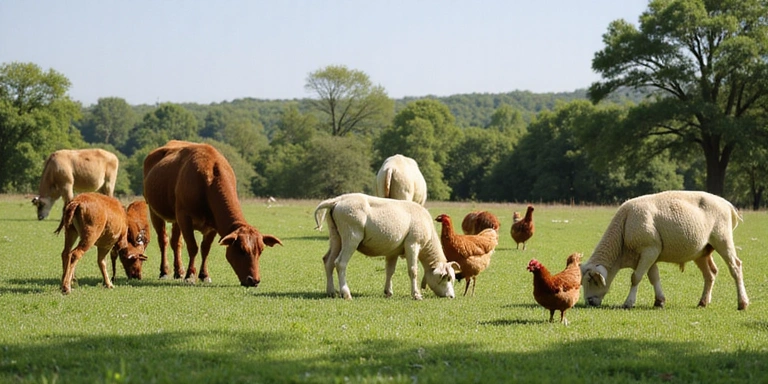 Farm animals grazing peacefully