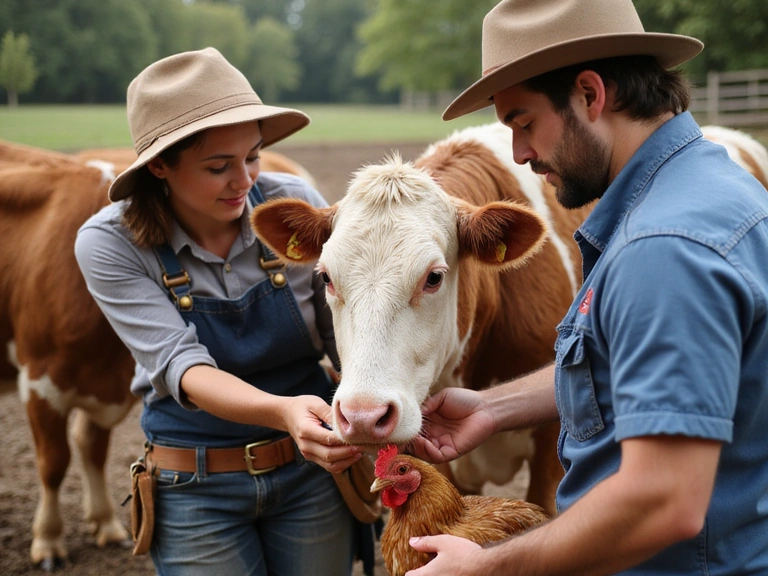 Farmers interacting with animals