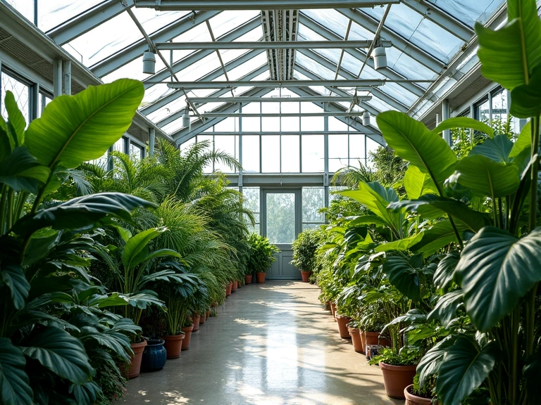 Greenhouse interior with thriving plants