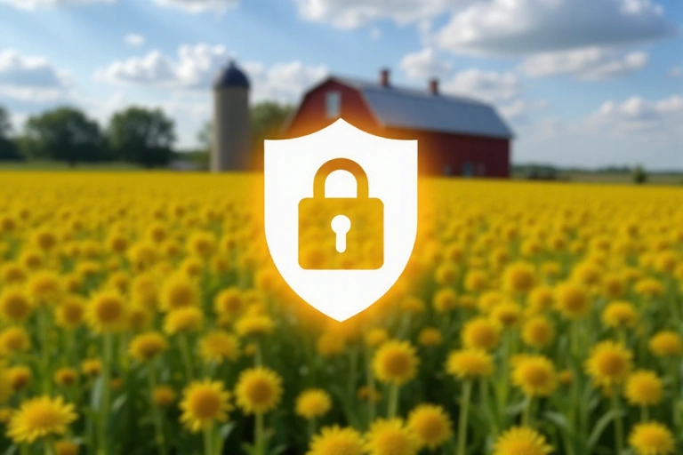 Digital security lock icon over a farm background, representing account security