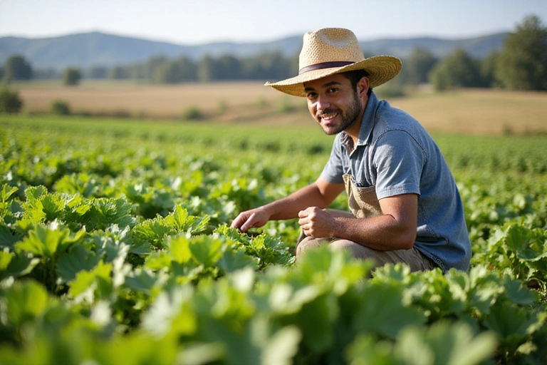Farmer tending to crops, representing responsible land use