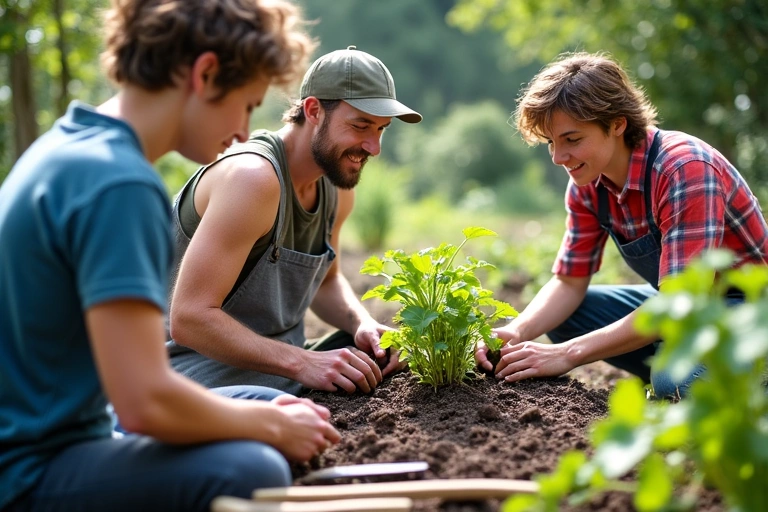 Adults learning organic gardening techniques in a workshop