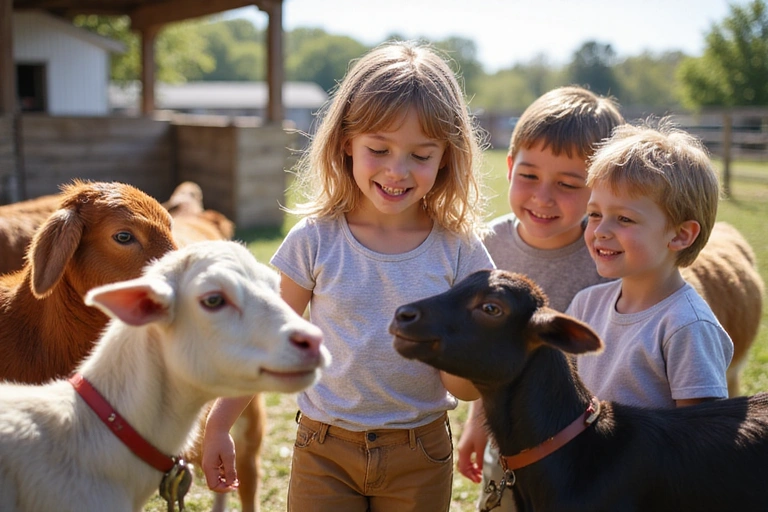 Children interacting with farm animals on a sunny day