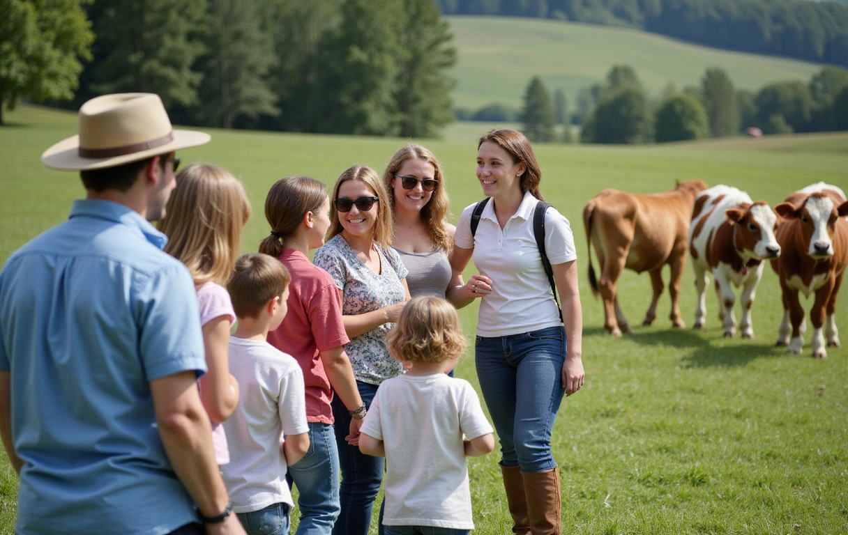 Happy group on a guided farm tour, smiling and engaged with the farm activities