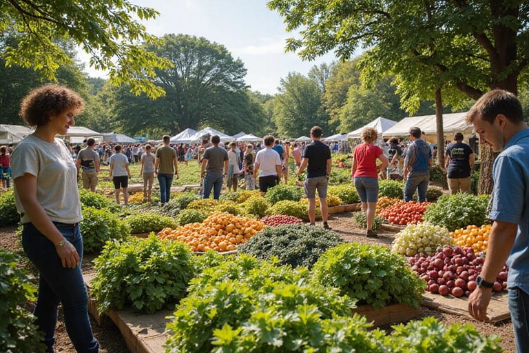 People enjoying an organic harvest festival, picking fresh produce and celebrating