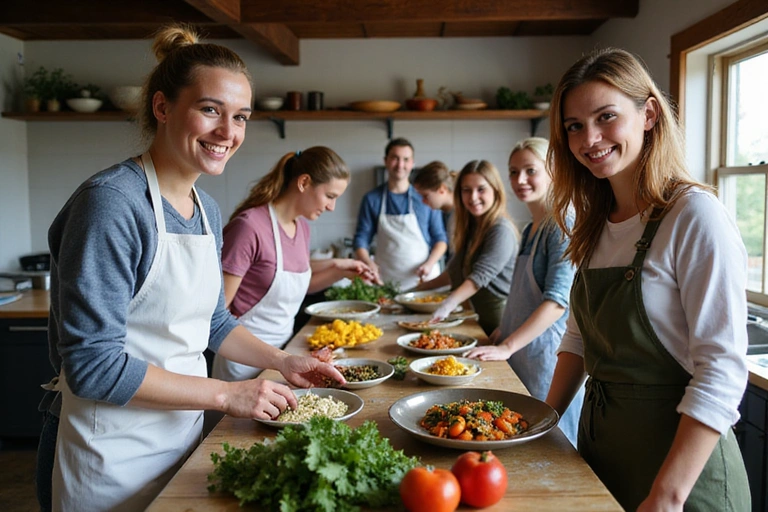 People cooking with fresh farm produce in a rustic kitchen setting